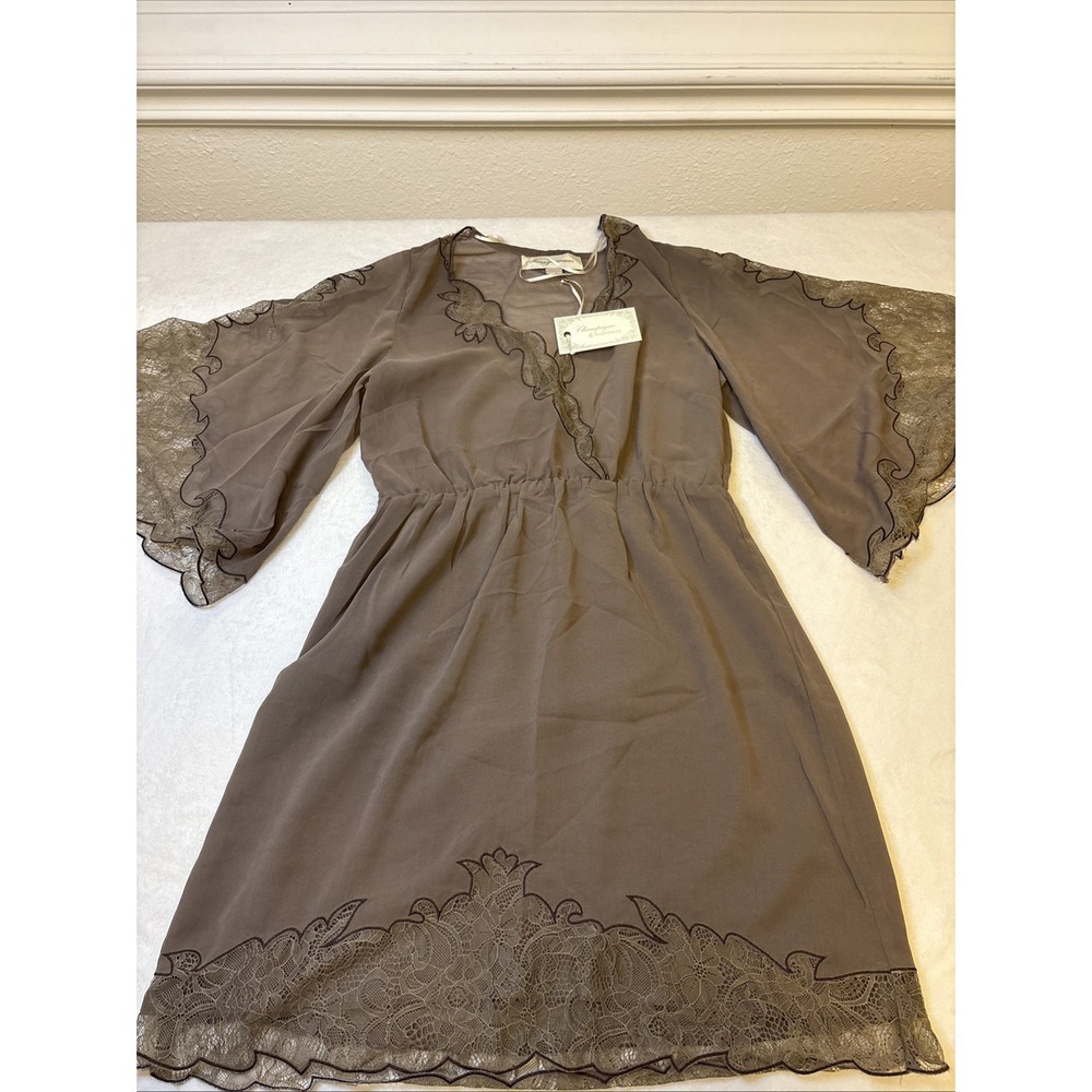 Champagne & Strawberry Sheer Chiffon Lace Trim Boho Top Brown Medium NWT‎